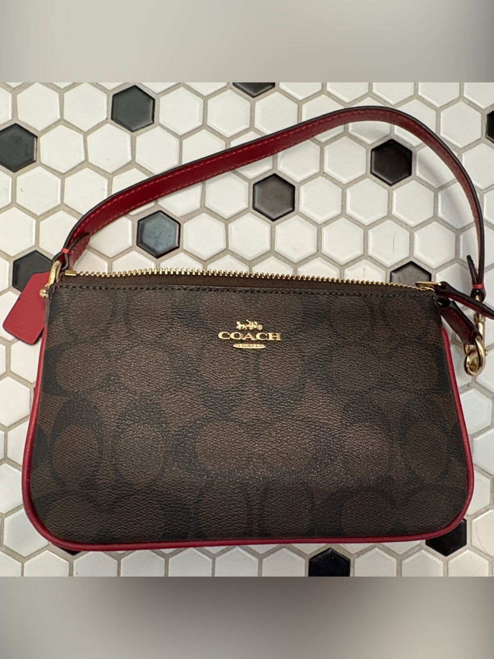 COACH Brown Signature Wristlet with Red Trim and Strap - Picture 5 of 7